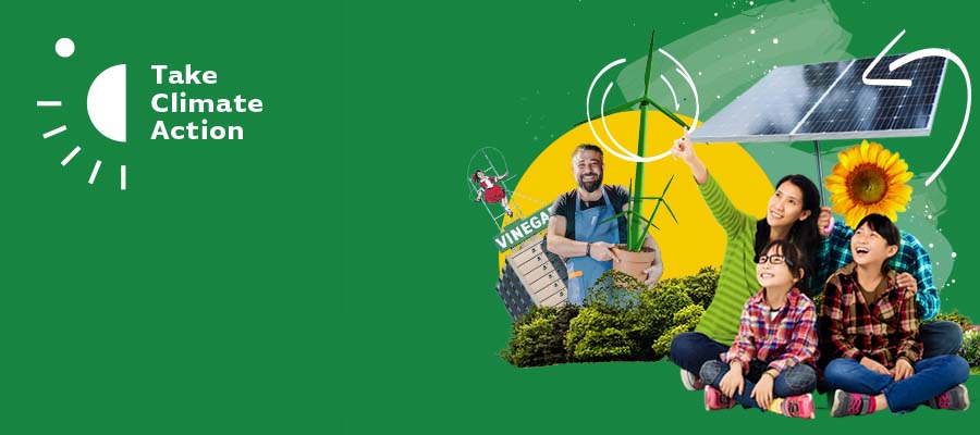 abstract collage of images including a family underneath a solar panel and a man holding a wind turbine