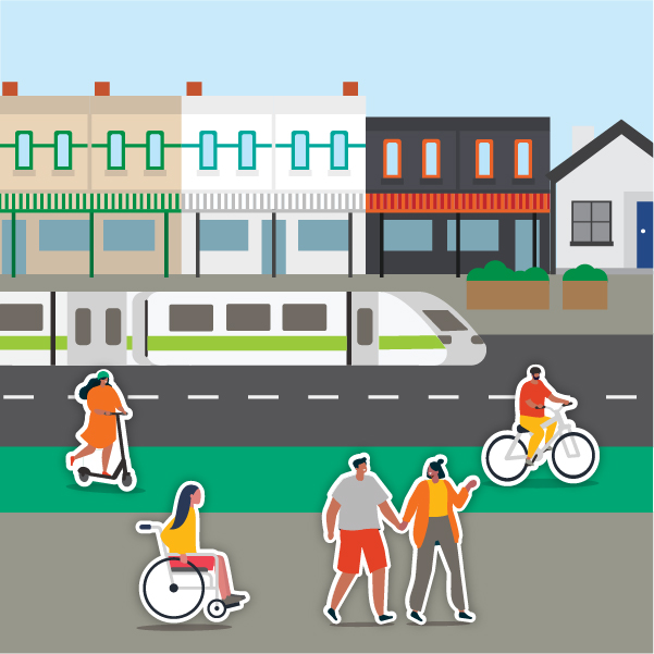 Image of people walking, riding, scooting and wheeling