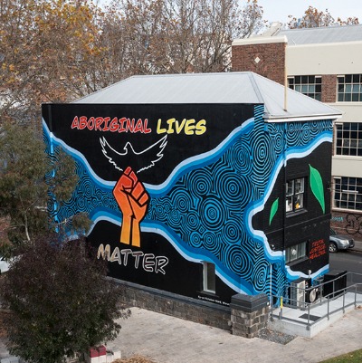 Aboriginal Lives Matter Mural by Ky-ya Nicholson Ward, Peel Street Park, Collingwood. Photo: Andrew Curtis 