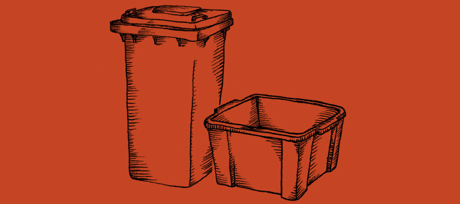 Drawing of bins on red background
