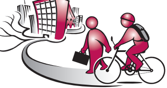Cartoon of person on bike and walking interacting on path
