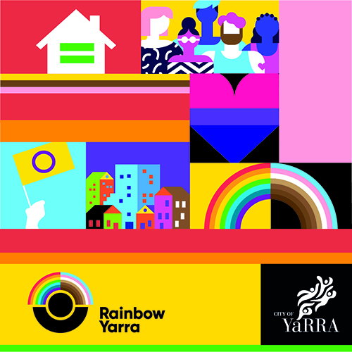 Pastiche of rainbow elements, rainbow flag, houses, diverse people