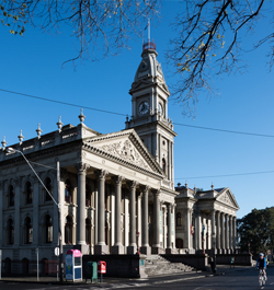 street view of fitzroy town hall blue sky