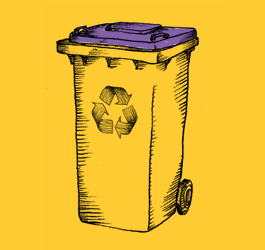 Drawing of yellow recycling bin with purple lid on a yellow background