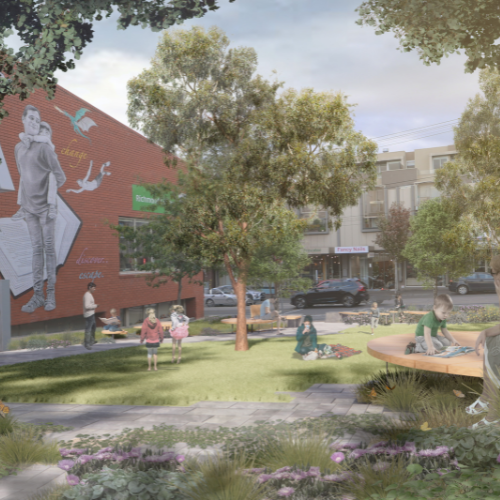 Render of concept plan of pocket park showing figures enjoying and relaxing in the space on Charlotte Street, outside the Richmond Library.