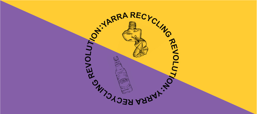 Yarra recycling revolution logo, featuring line drawing of scrunched up plastic bottle and glass beer bottle, on purple/yellow background