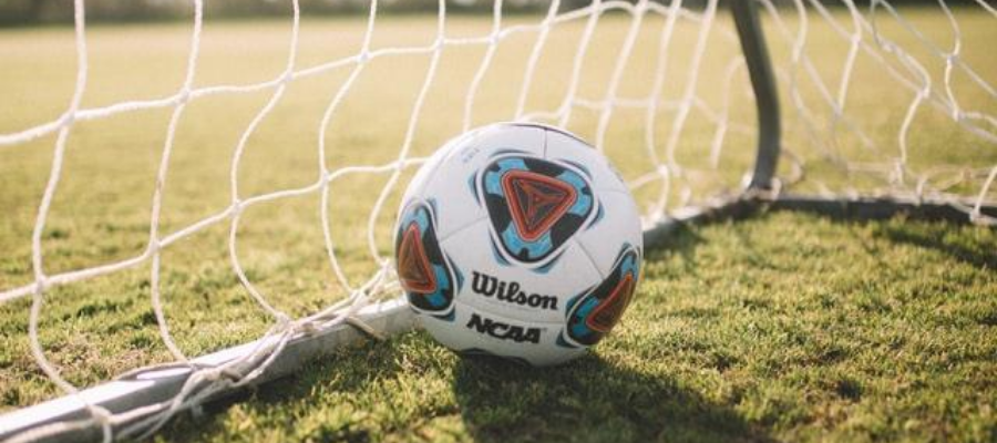  Soccer ball in goal net and lying on grass