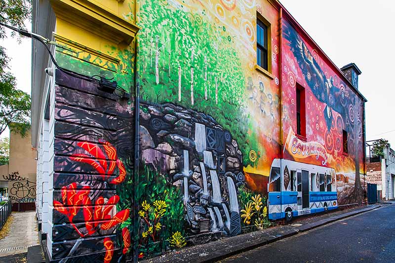 Colourful Indigenous Australia mural on the side of Charcoal Lane, Gertrude Street Fitzroy