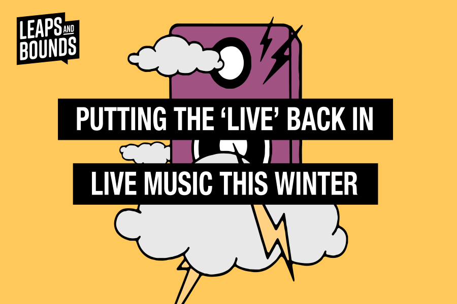A speaker in a cloud with lettering saying putting the live back in music this winter