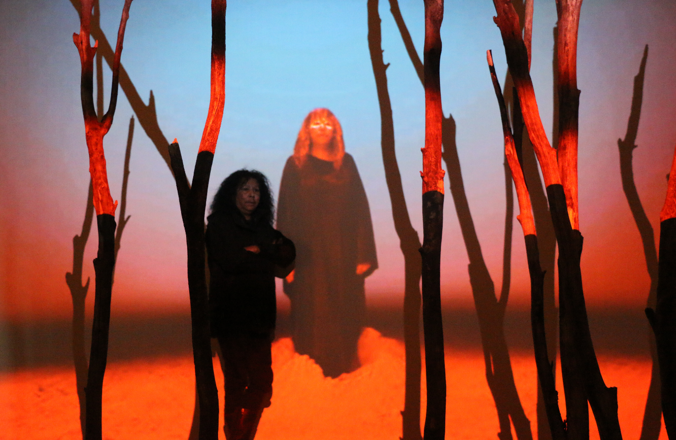 A figure standing between a number of trees that have no leaves. Behind the figure is a projected figure with red and blue watching from behind.