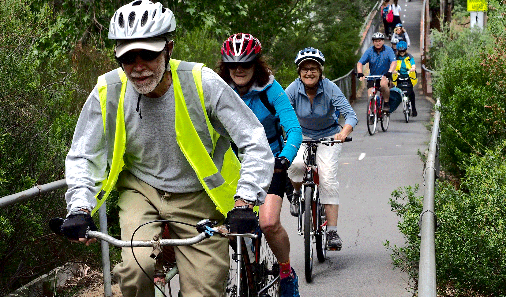 A group of people on bikes riding up a hill. The trail is surrounded by native trees. 