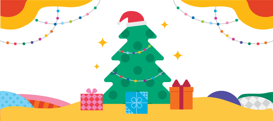 Illustration of a Christmas tree with presents and decorations