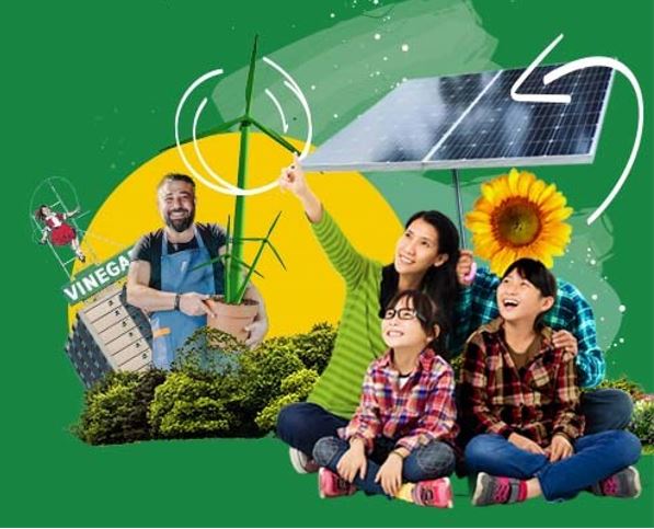 Montage photo of people with solar panels, sunflower, wind turbine.