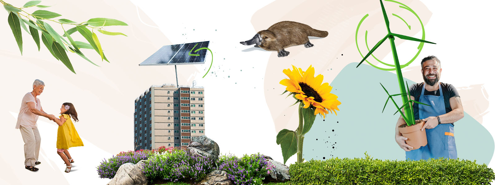 Collage of people dancing, solar panels on a building, a big sunflower and a man holding a plant.  