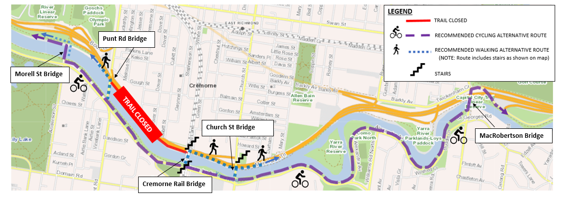 Map of alternative route for Main Yarra Trail closure