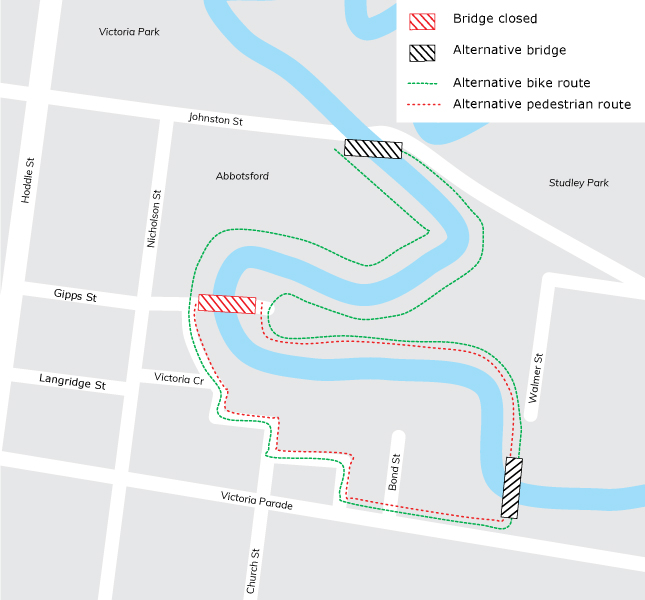 detour map for Gipps Street Bridge works