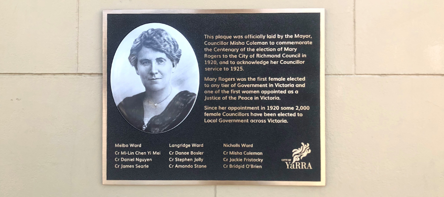 photo of a plaque with a greyscale picture of Mary Rogers on the left with a blurb on the right