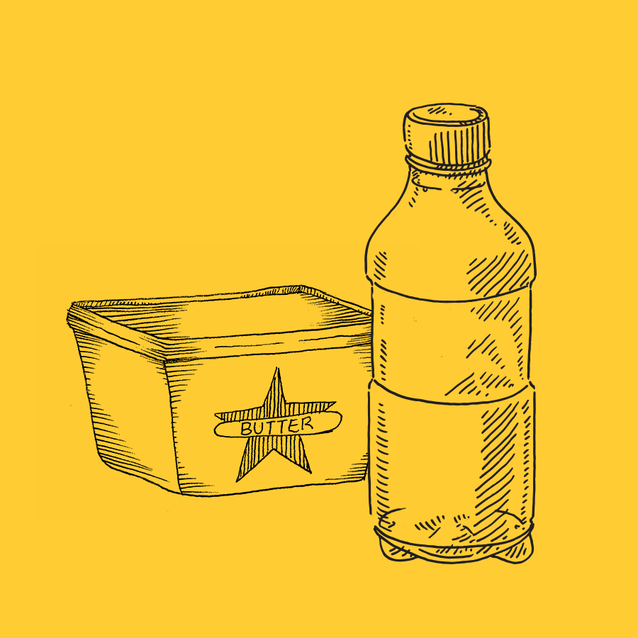 yellow tile with a recyclable plastic water bottle and butter container illustration on it