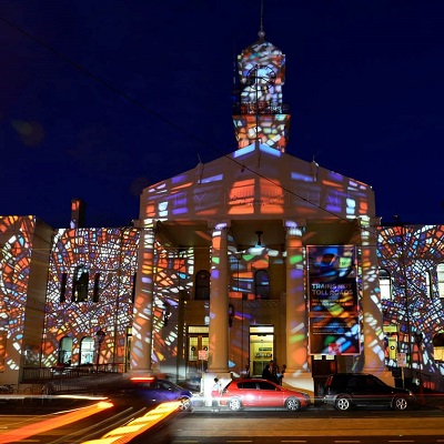 Richmond town hall lit up with Christmas lighting projection