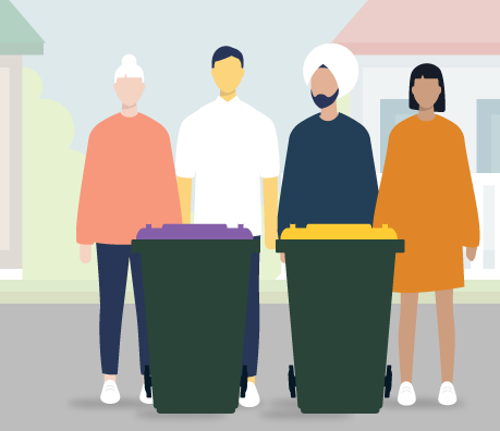animated diverse residents standing behing purple and yellow lidded bins