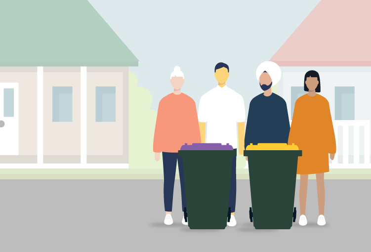 diverse animated residents standing in front of purple and yellow lidded bins