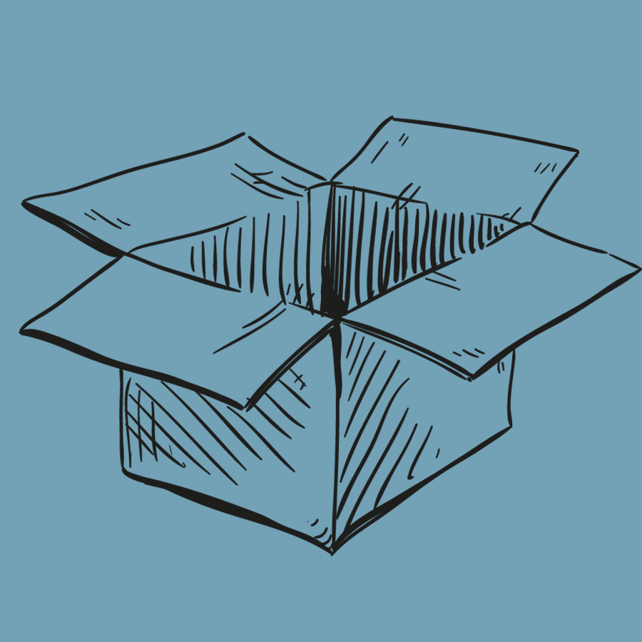 black line drawing of cardboard box against light blue background