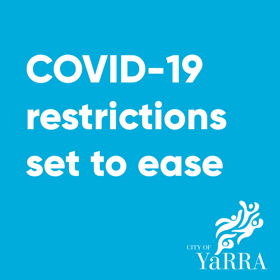white text on blue background reading "COVID-19 restrictions set to ease" with Yarra City Council Logo in the corner