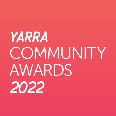 Pink graphic tile with white text that says Yarra Community Awards 2022