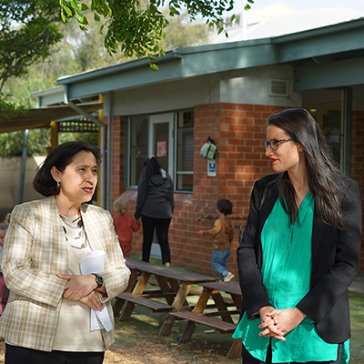 Mayor having a conversation in front of Richmond multicultural childrens centre