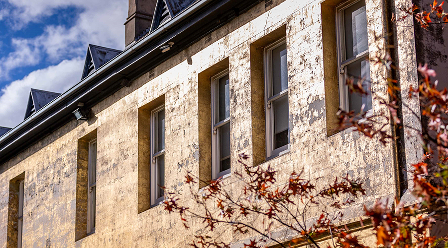 A view of a detail of the architecture of a building on the grounds of the Abbotsford Convent.