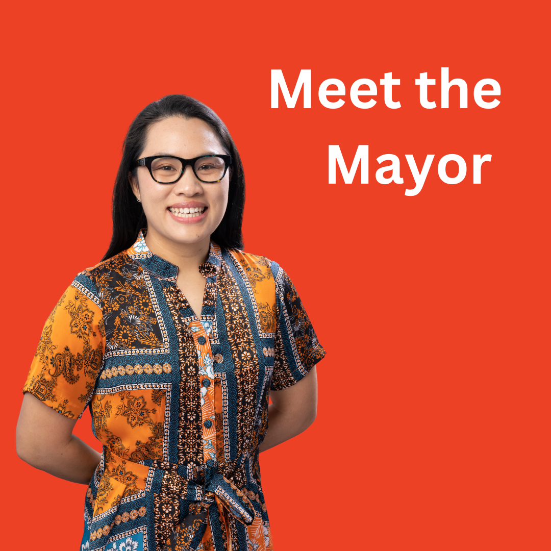 Photo of Mayor Claudia Nguyen against a red background with white text Meet the Mayor