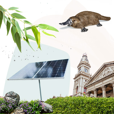 A graphic with a depiction of a town hall, a platypus, other nature elements and a solar panel