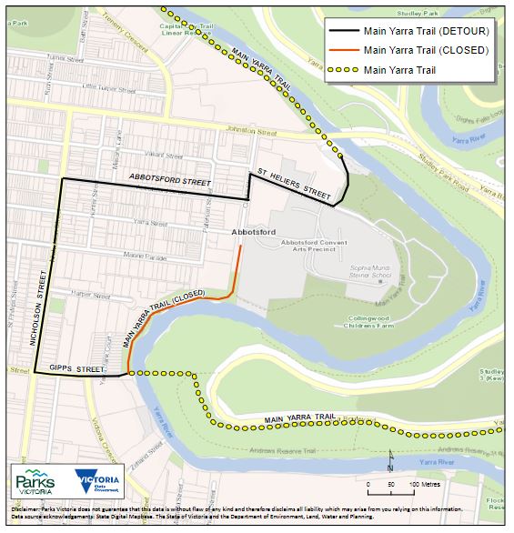 Map of Yarra Trail with Gipps St closure and alternative route