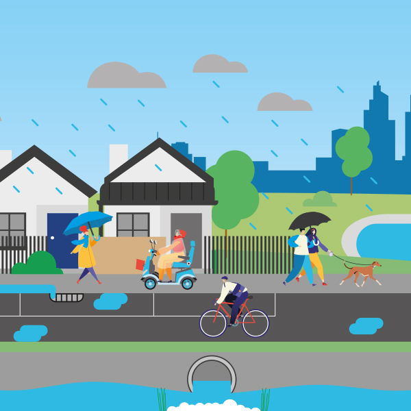 an animated tile depicting a Yarra street in a rainstorm with people wondering through the rain and water pooling in the gutters.