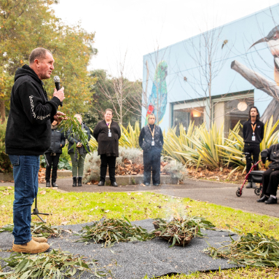 Wurundjeri Elder Perry Wandin leads a Smoking Ceremony at the Djerring Centre in Abbotsford on Thursday 22 June 2023