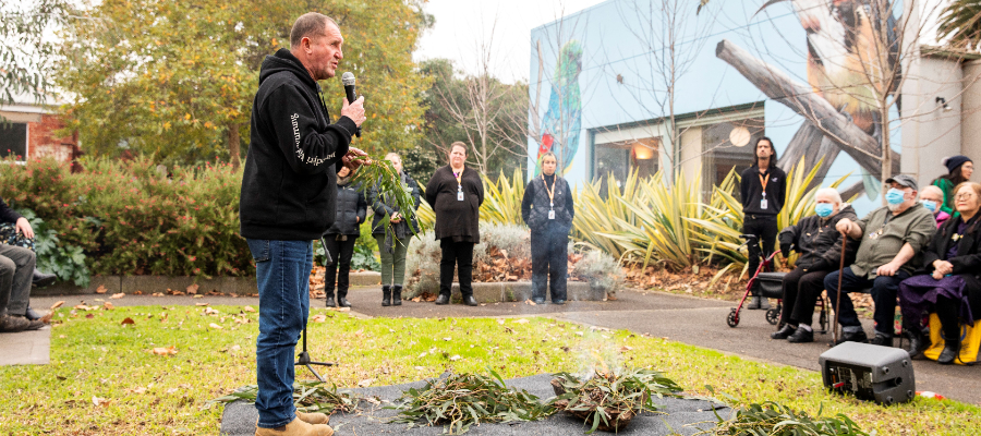 Wurundjeri Elder Perry Wandin leads a Smoking Ceremony at the Djerring Centre in Abbotsford on Thursday 22 June 2023