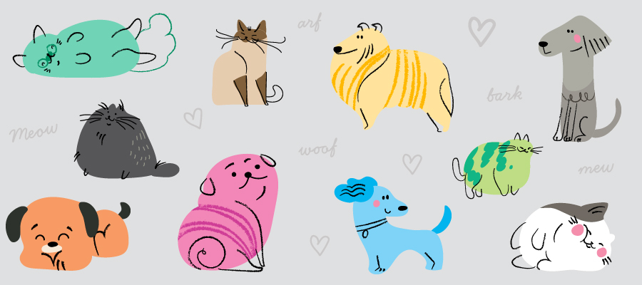 a series of cat and dog illustrations against a grey background.