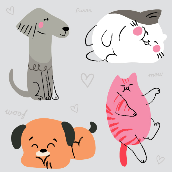 a series of cat and dog illustrations against a grey background.
