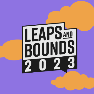 The words Leaps and Bounds 2023 on a purple background with orange clouds
