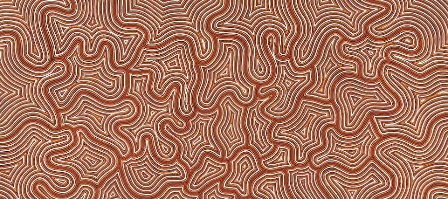 Kathleen Wightman artwork  'The Land & Aboriginal Country'. Clusters of white lines on a brown background