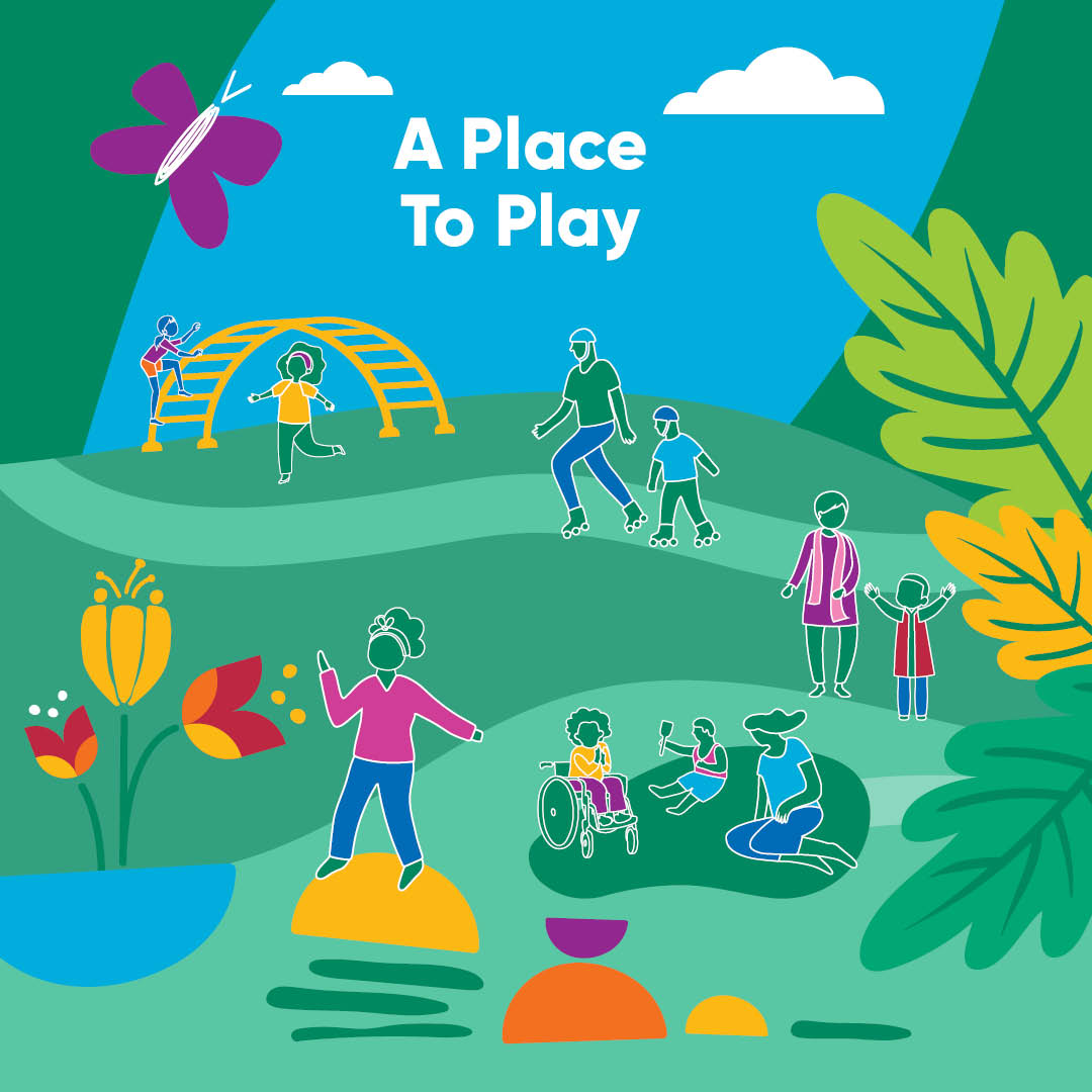 Brightly coloured illustration of cartoon people playing on climbing frames and in green open spaces.