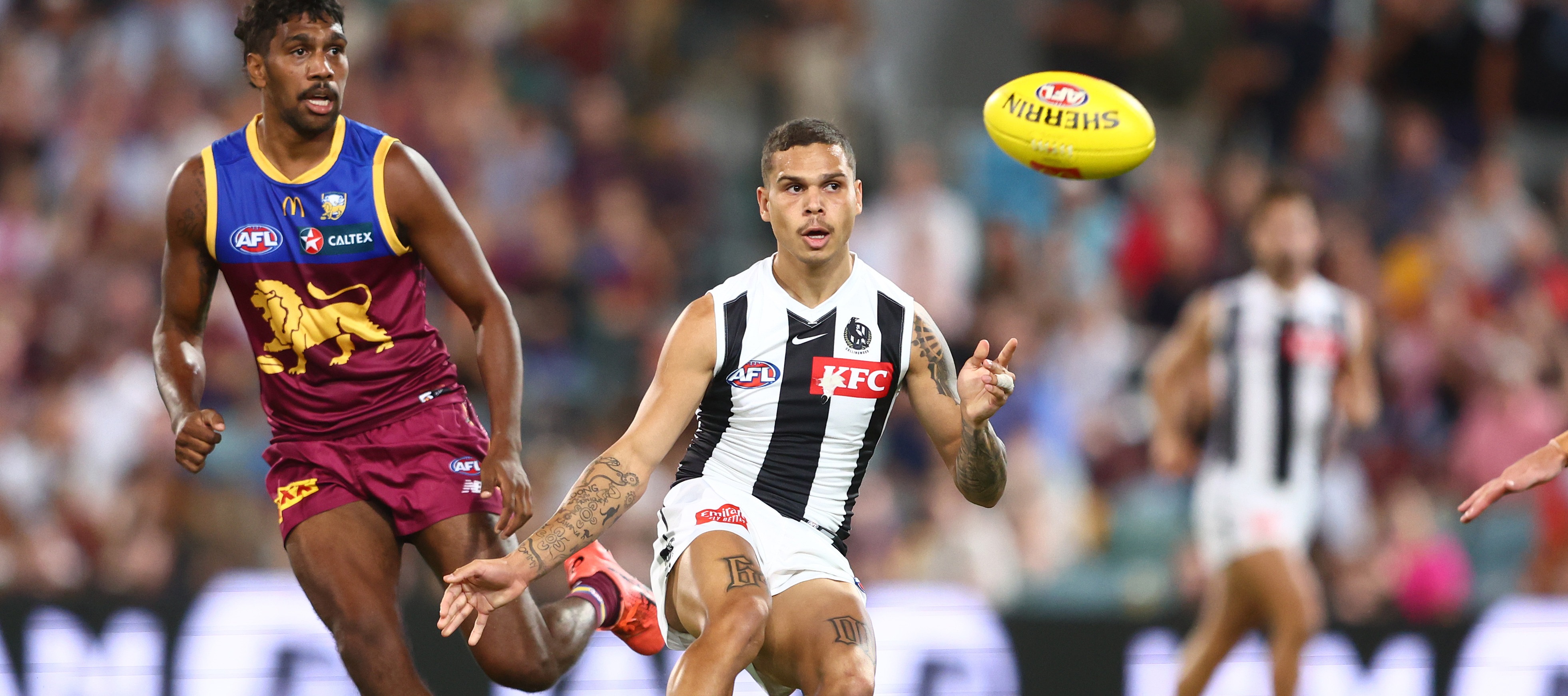 Bobby Hill of the Magpies kicks during the round four AFL match between Brisbane Lions and Collingwood Magpies at The Gabba, on April 06, 2023, in Brisbane, Australia