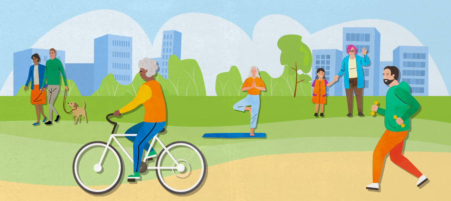 Illustration of seniors doing activities in a park