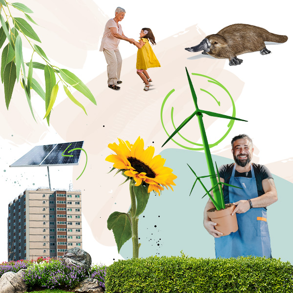 Image of people dancing with a platypus, large sunflower and a man holding a plant pot. 