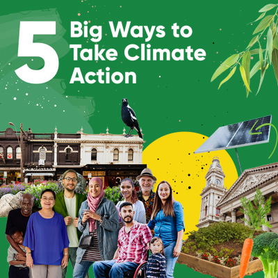 5 Big Ways to Take Climate Action image. Plants, buildings and people against a green background.