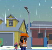 cartoon drawing  of a suburban street with a man walking in the rain