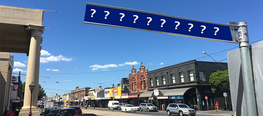Street sign with question marks where the name should appear