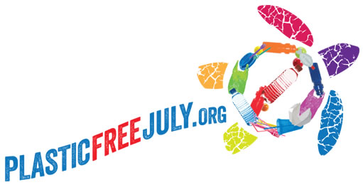 Image with white background with colourful text saying 'Plastic Free July with a colourful turtle graphic' 