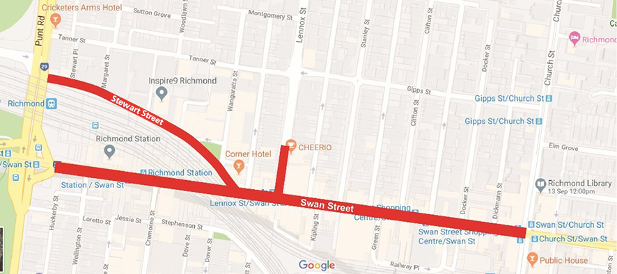 Map showing Swan and Stewart Street. Both streets are appearing red, to show they are closed.
