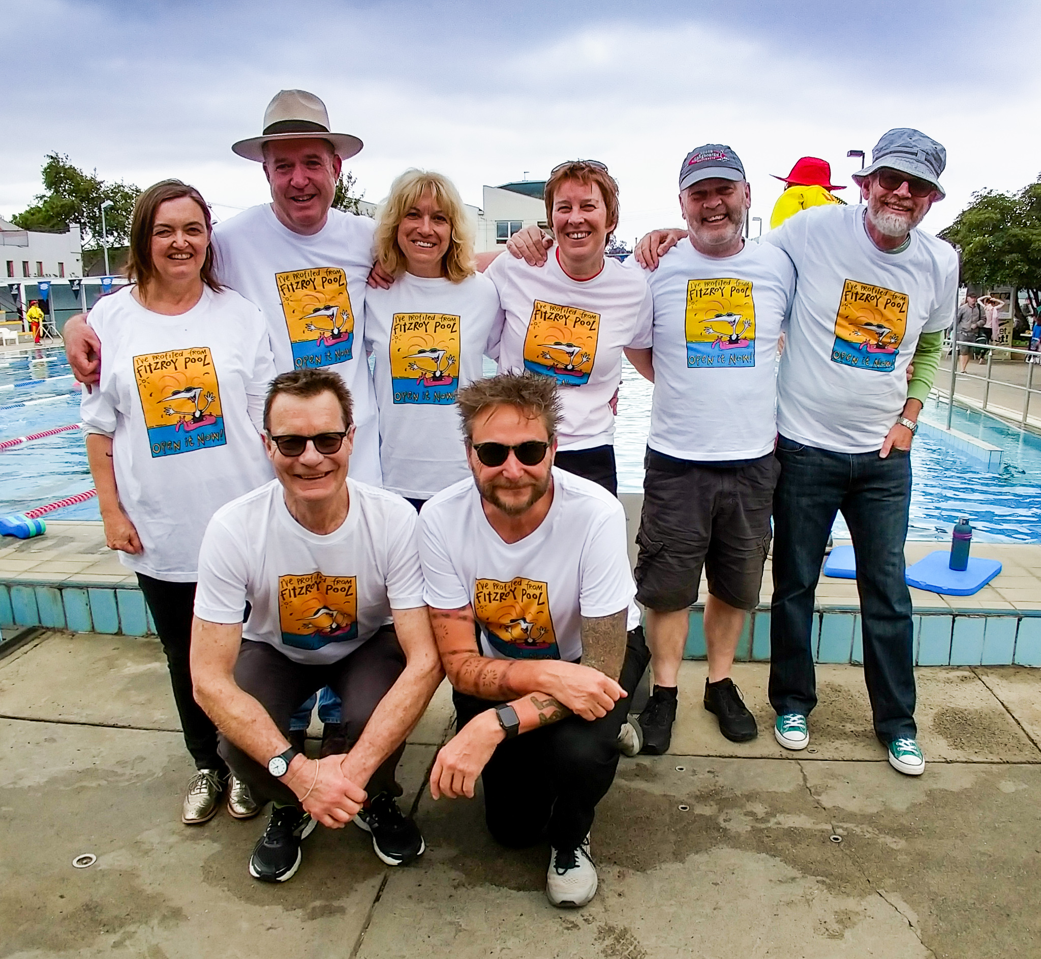 Group of people wearing matching white tshirts at Fitzroy Pool